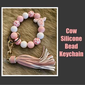 Silicone Beaded Keychain Bracelet, Cow Print Fashion Beaded Keyring